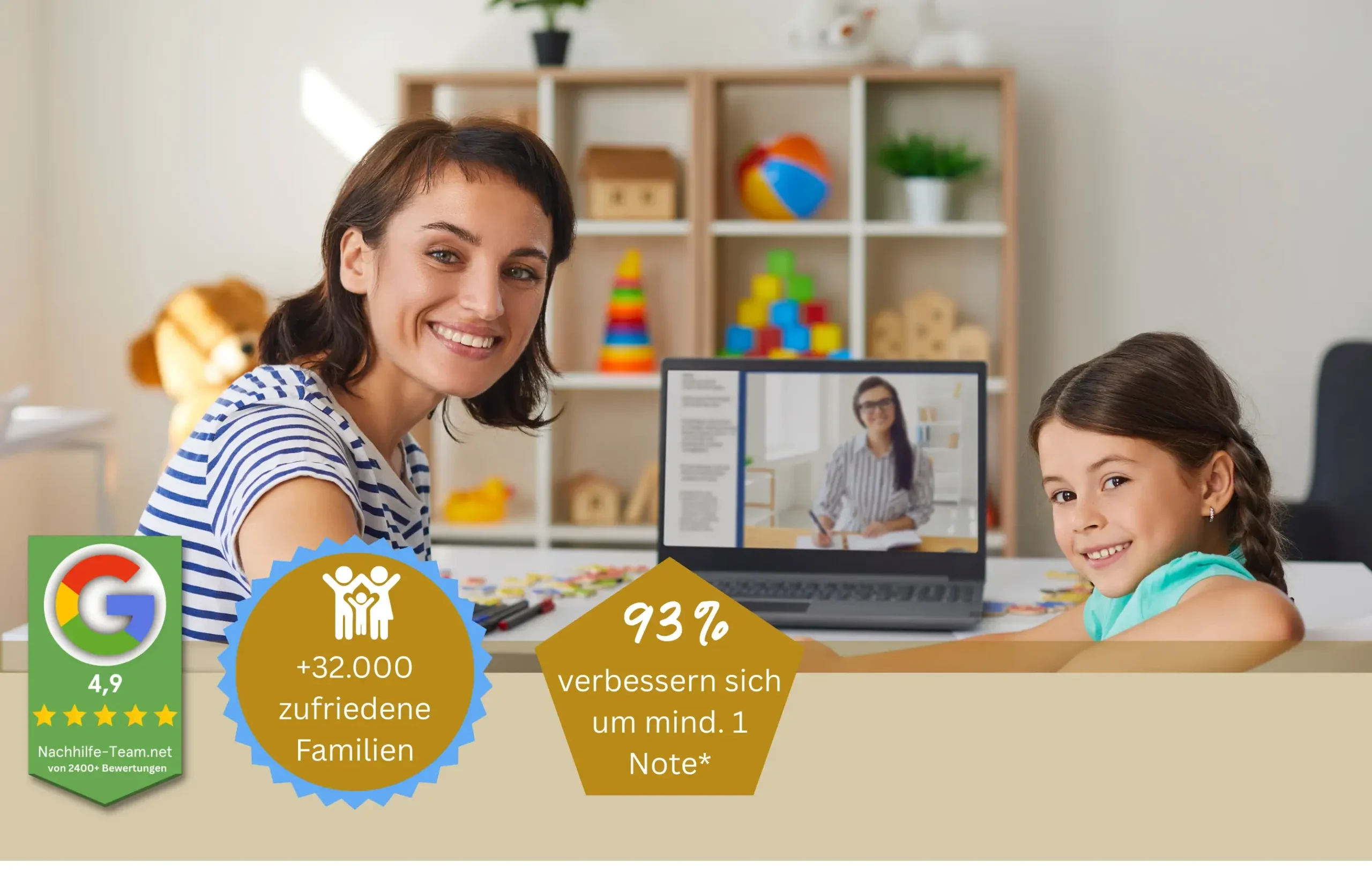 Mama und Tochter sitzen vorm Laptop und lächeln. Auf dem Laptopbildschirm sieht man die Nachhilfelehrerin mit einem freundlichen Gesichtsausdruck.