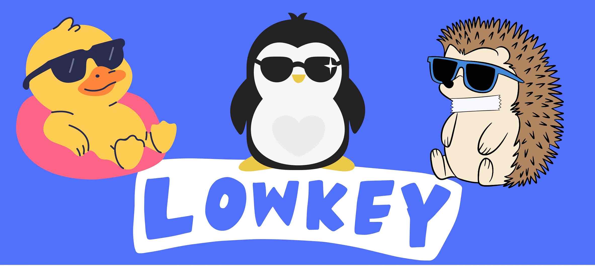 Lowkey: Ente mit Sonnenbrille auf Schwimmreifen, Pinguin mit Sonnenbrille und Igel mit zugeklebtem Mund und Sonnenbrille