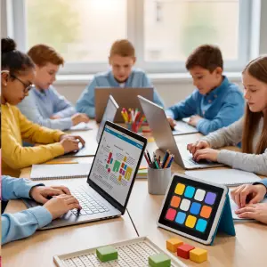 KI Hausaufgaben Schulalltag Schüler sitzen am Tisch mit Laptops